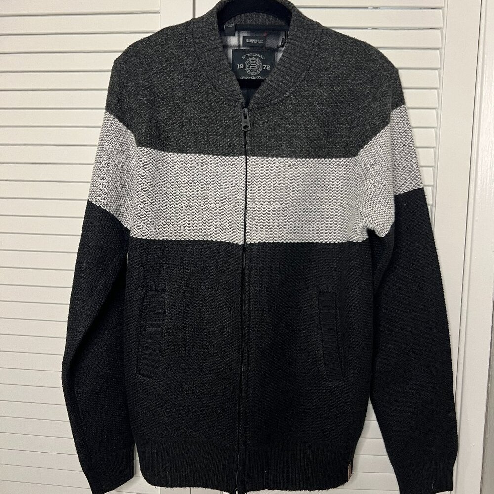 Buffalo David Bitton NWT, Mens Gray/Black Colorblock ZipUp Sweater, Size L